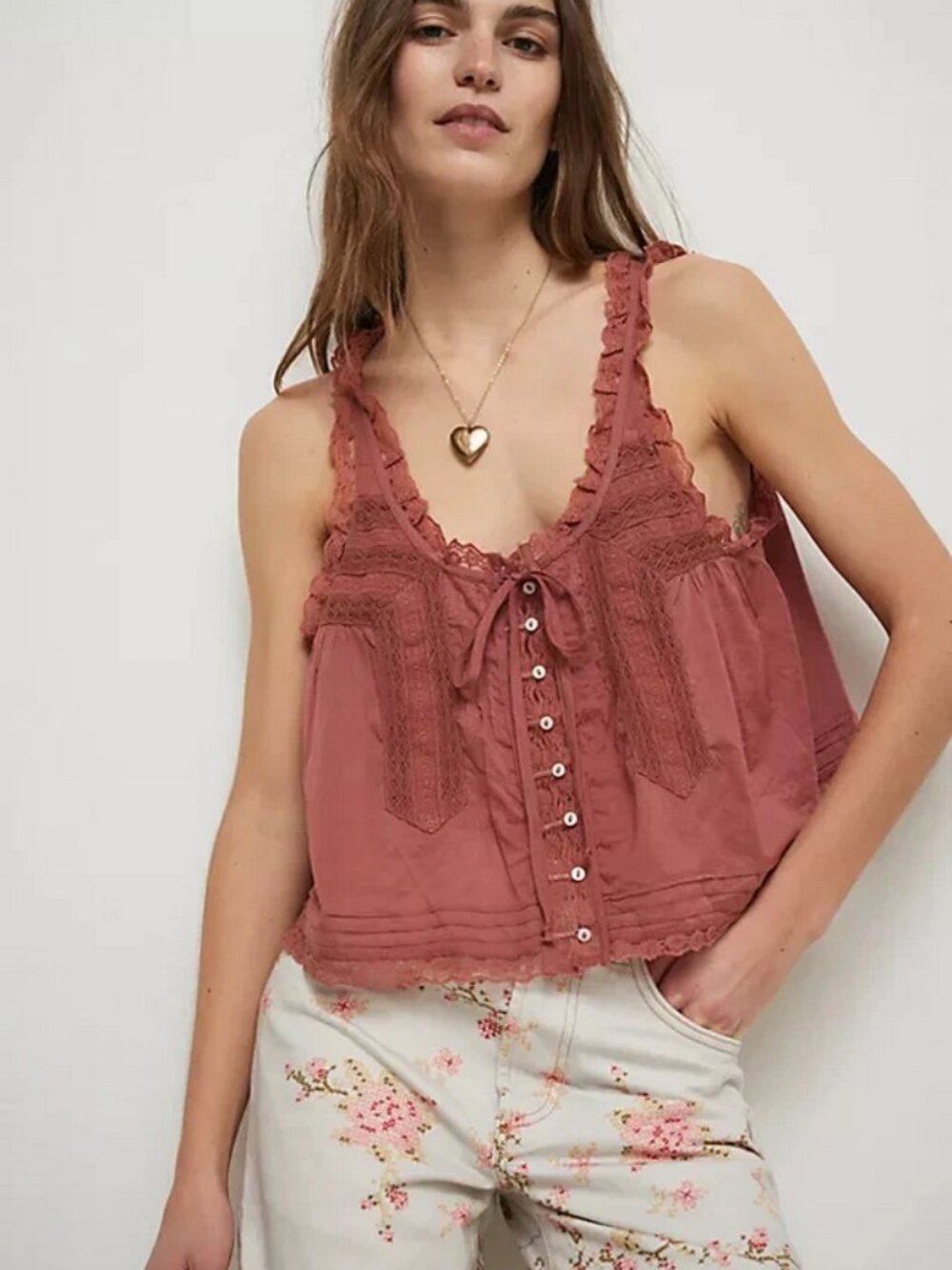 Free People Forevermore Tank Top Cedar Wood Adjustable Tie Sheer Lace Ruffle XS